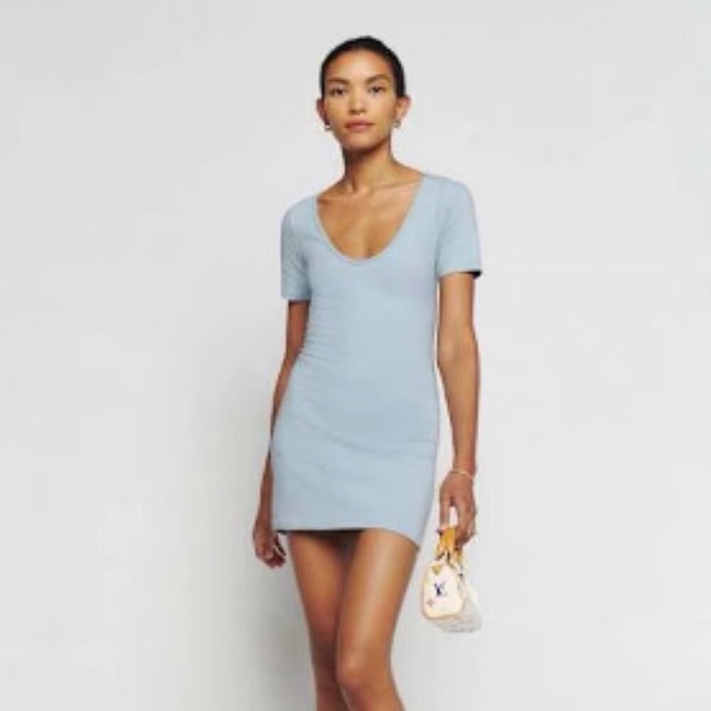 Reformation Aubriella Knit Mini Dress XL Light Blue Organic Cotton Minimalist